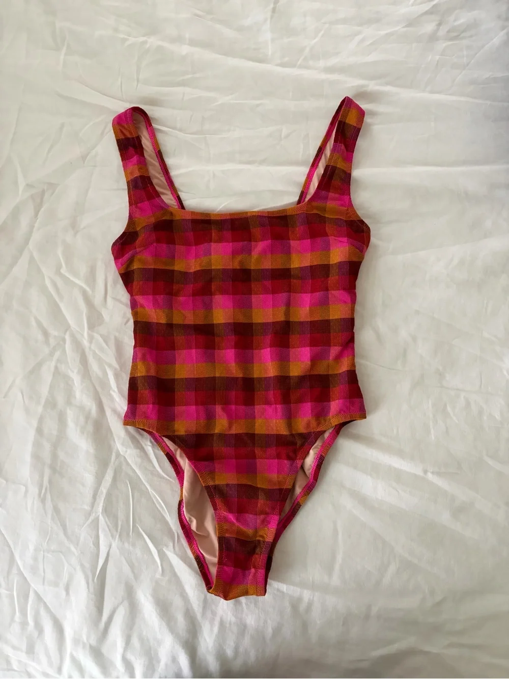 Madewell Plaid One-Piece Swimsuit in Pink and Brown